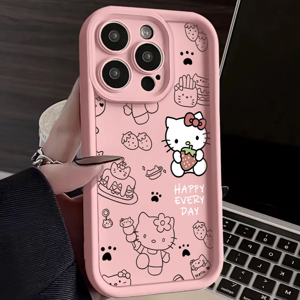 Capa Hello Kitty Estilo Cute Rosa Anti-Quebra Para Samsung A14 A15 A54 A55 A05S A16 A07 A17 S22 S23 S24 S25 FE Ultra
