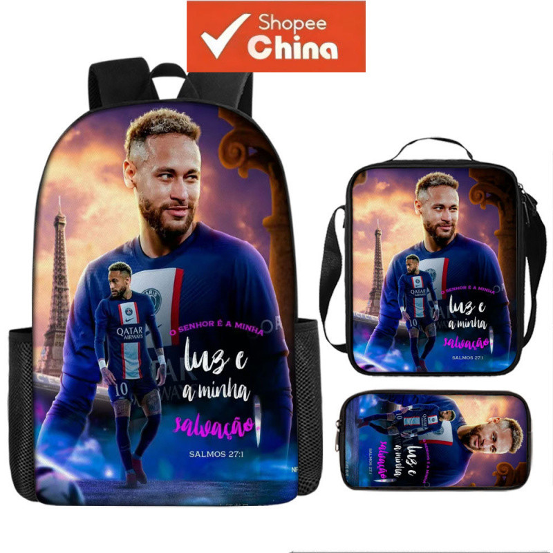 Kit Mochila Escolar Infantil Neymar 44cm Meninos Meninas Estudantes Bolsas Lancheira Térmica Estojo de Lápis 3pcs NU48