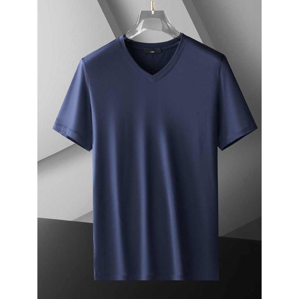 Camiseta masculina de manga curta com decote em V roupas superiores verão roupas masculinas gelo seda sentido respirável