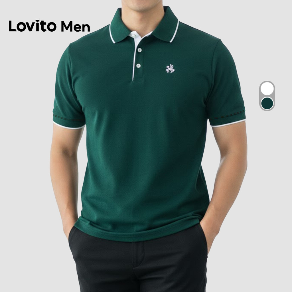 Lovito Men Camisa Polo Casual com Acabamento Contrastado Primavera/verão Camisa Polo Branca para Homens LNE131070