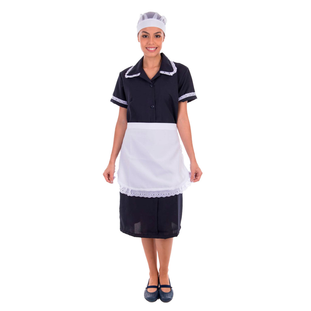 Kit com 2 Vestidos em Tecido Oxford com avental e Detalhes em Bordado Inglês, para Copeira