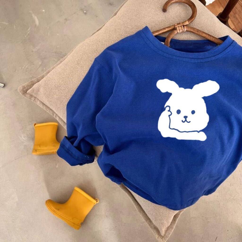 Algodão puro crianças primavera outono bonito coelho impresso médio pequeno crianças de manga comprida camiseta bebê cam
