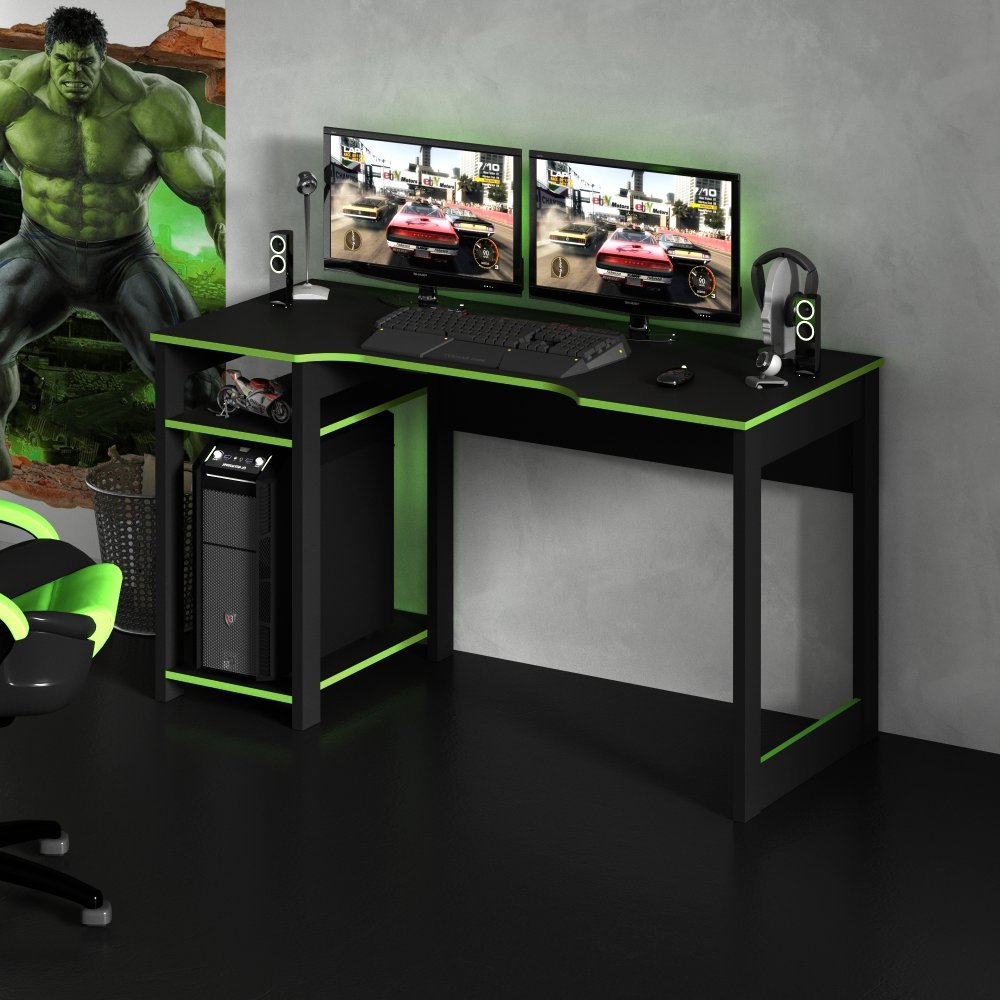 Mesa Gamer 136cm com 2 Prateleiras e Porta CPU Preto/Verde