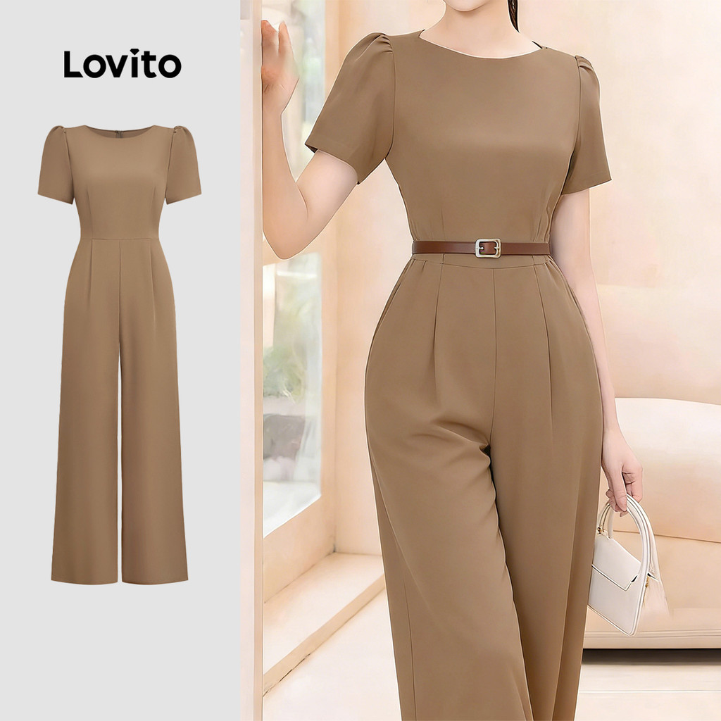 Lovito Elegante Macacão Plissado Comuter Primavera/verão Marrom Macacão para Mul