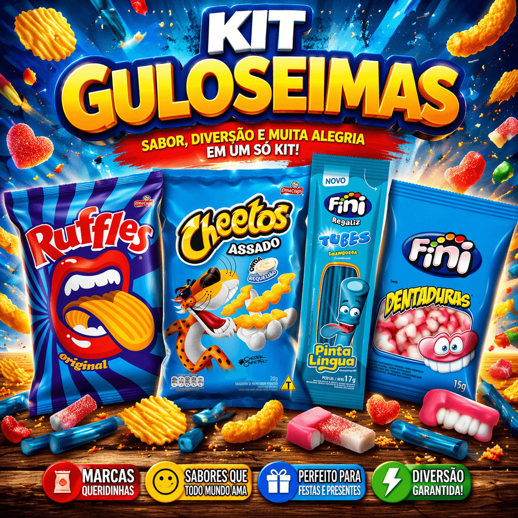 KIT IRADO AZUL Elma Chips – 20 ITENS 5 Ruffles + 5 Cheetos + 5 Fini Tubes Pinta Lingua + 5 Fini Dentadura