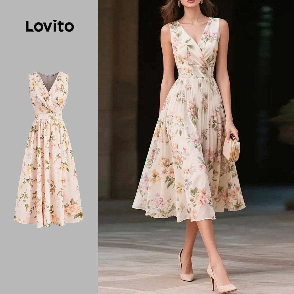 (Lovito x Ana) Elegante Vestido Feminino com Babados Ideal para Primavera/Verão