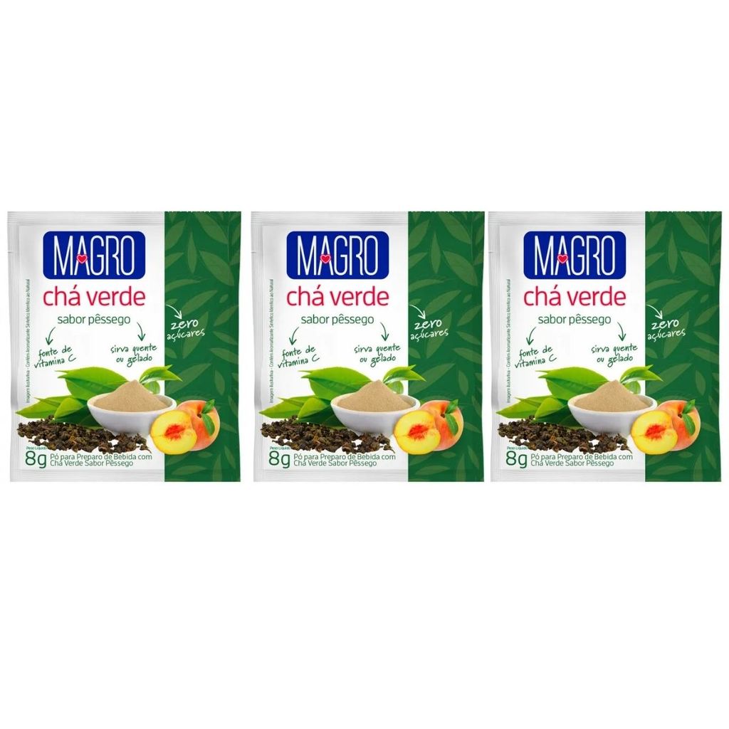 Chá Verde Pessego Zero Açucar Diet Natural Kit 3 Fonte de Vitamina C 8g Magro