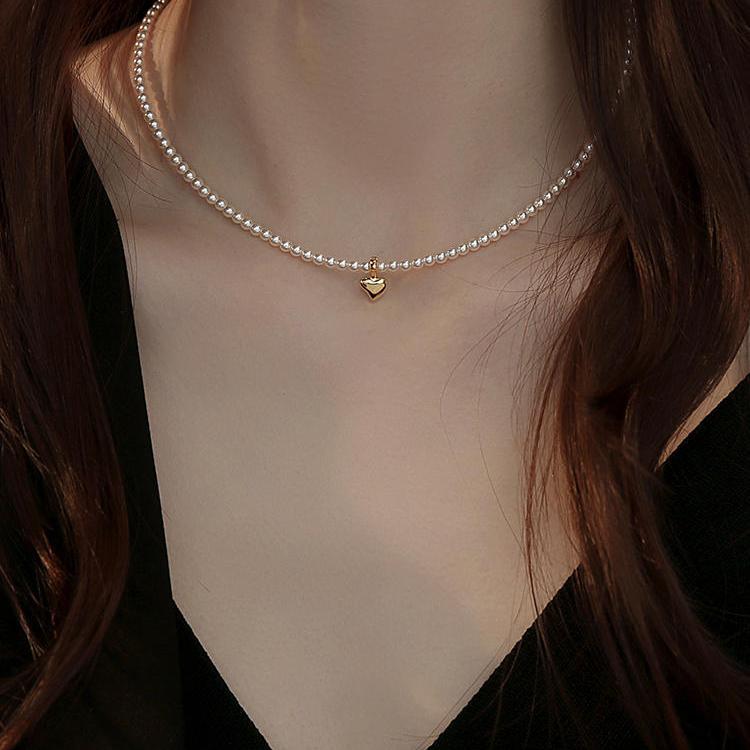 3mm Shijia Xiaomi grânulo pérola colar feminino amor coração clavícula corrente pequena pérola colar 2024 novo estilo es
