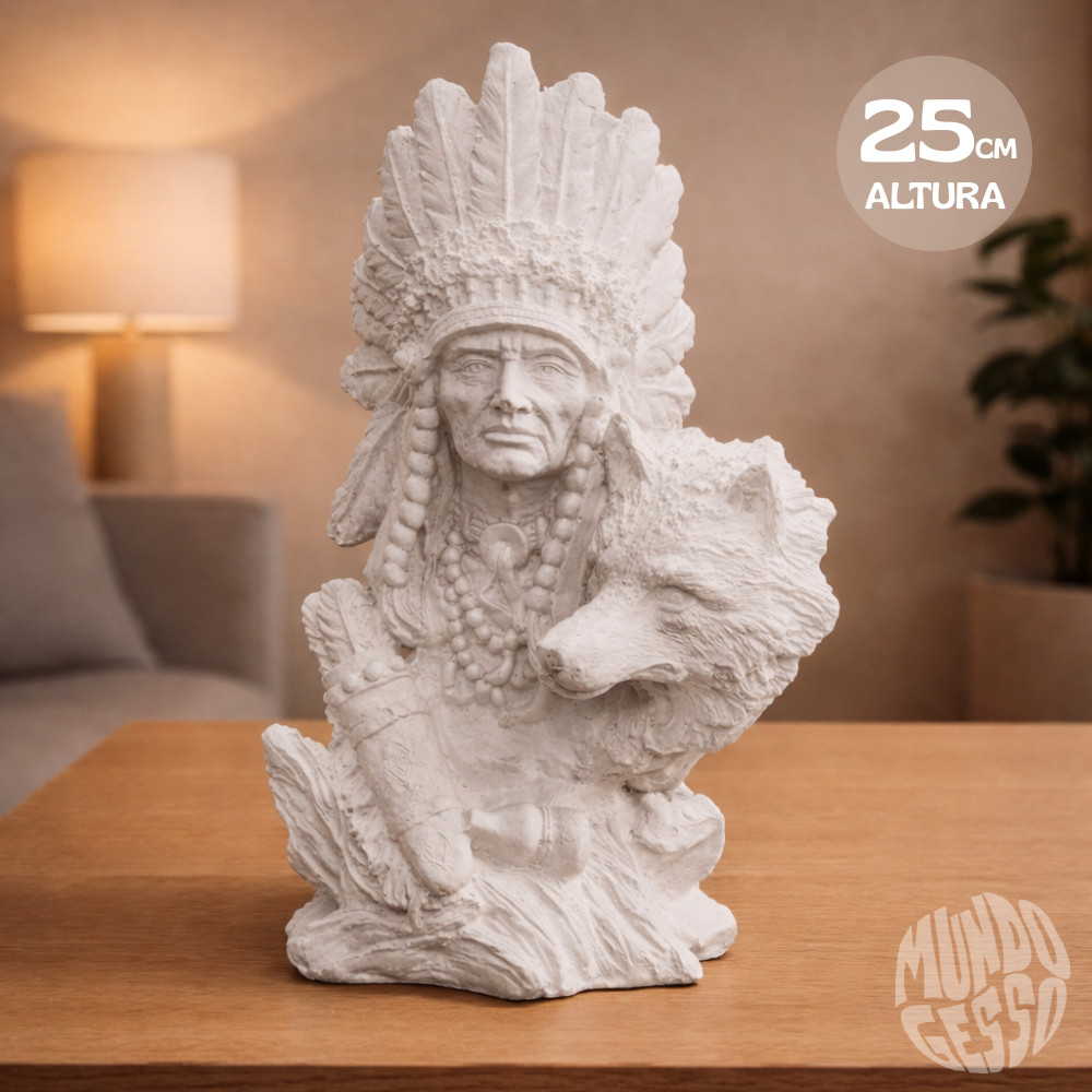 Imagem Busto de Índio com Lobo - 24x14x10cm em Gesso para Pintar Grande