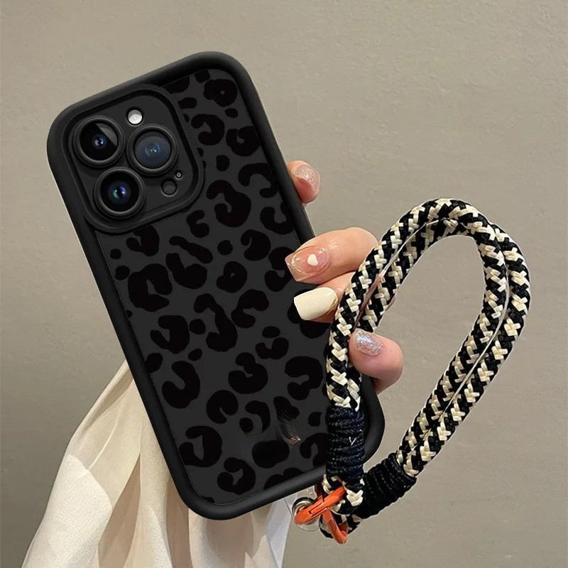 Capa de Telefone com Alça Suspensa e Estampa de Leopardo Preto para iPhone 17 Pro Max 16 11 12 13 14 15 17 Ar X XS XR 7 