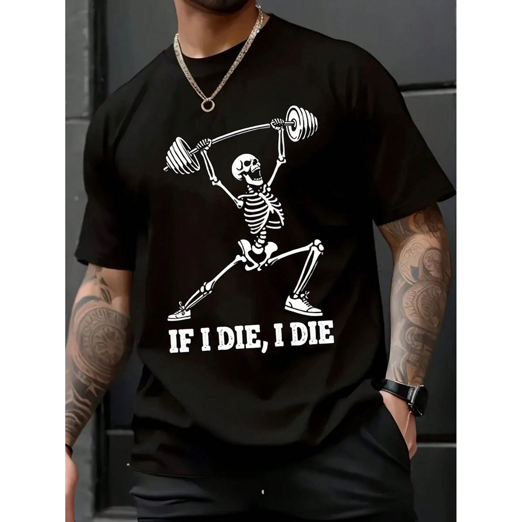 Camiseta Masculina Estampa Esqueleto Academia Estilo Regular Manga Curta Estampada Malha 30.1 Algodão Verão