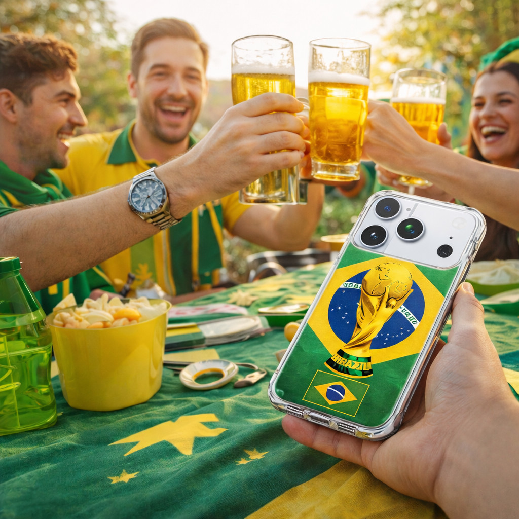 Capa para iPhone17-13 Copa do Mundo Brasil, design taça de ouro, transparente TPU+PC, cantos anti-queda e resistente
