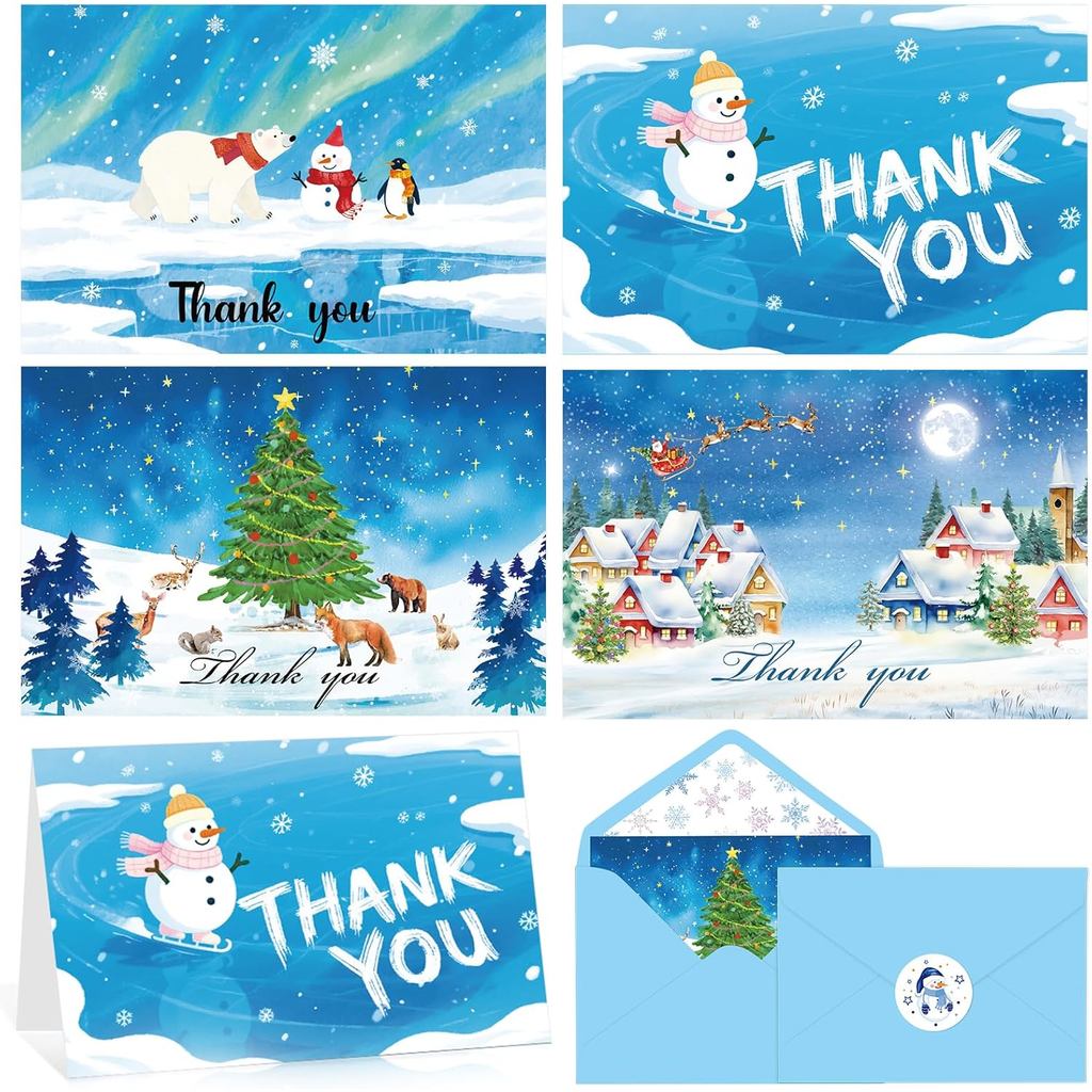 NOVÍSSIMOS 24 Cartões de Agradecimento de Natal, Cartões de Saudação com Animais de Inverno, Aurora Boreal e Boneco de N