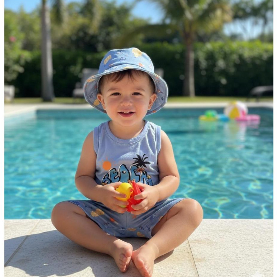Conjunto de Menino 3 Peças Camiseta, Short e Chapéu Infantil Praia Dinossauro Acompanha Chapéu Bucket