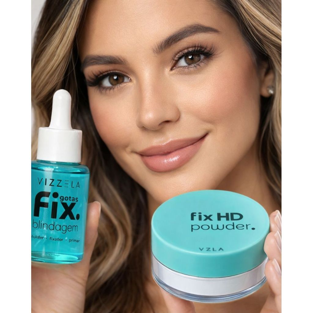 Kit Vizzela Fix HD Powder + Gotas Fix Blindagem Make Até Embaixo D’Água Finalizador de Maquiagem Alta Fixação