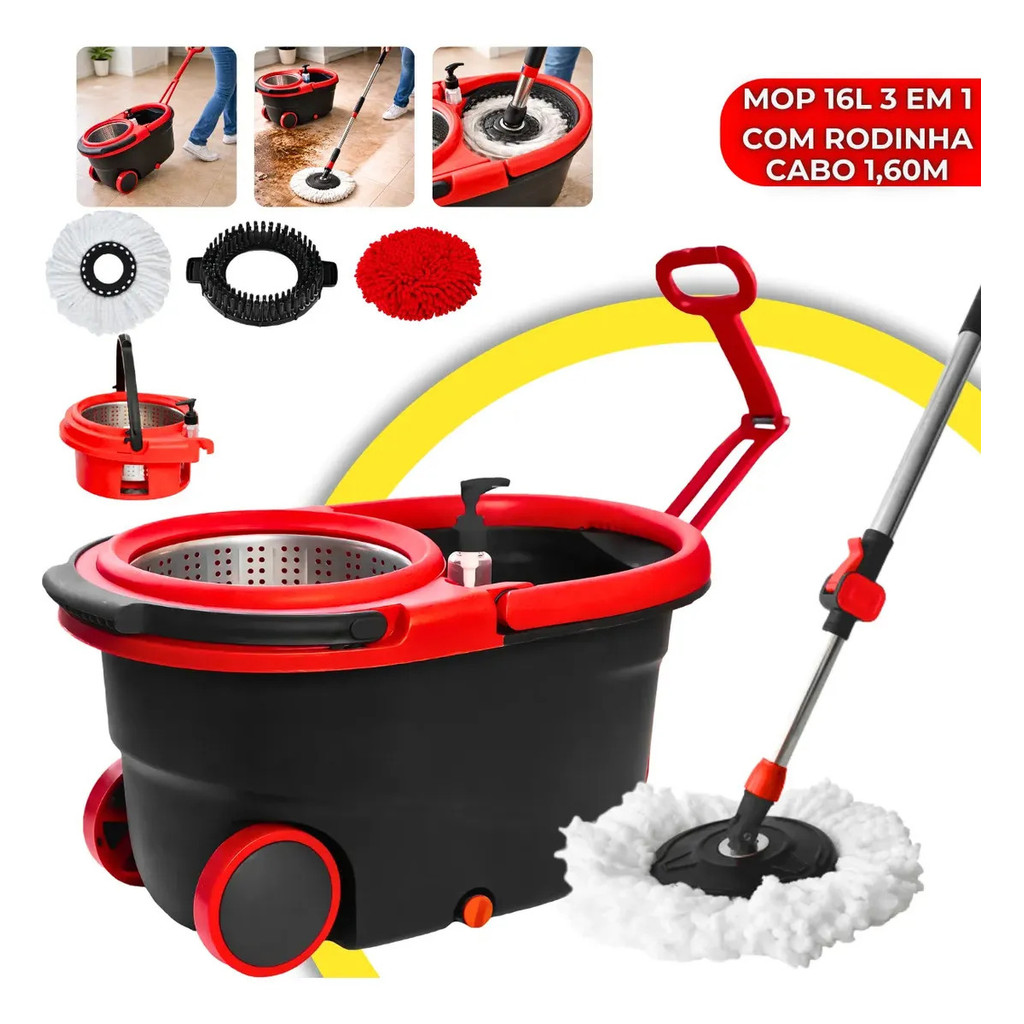 Mop Profissional 3 em 1 Inox 16L Com Rodinha Balde 360º Giratório Multiuso