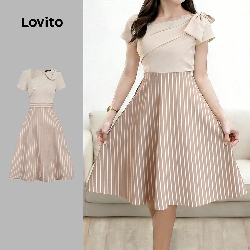 Lovito Vestido Casual Assimétrico de Tecido com Costura para Mulheres Primavera/