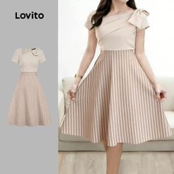 Lovito Vestido Casual Assimétrico de Tecido com Costura para Mulheres Primavera/Verão L190ED048