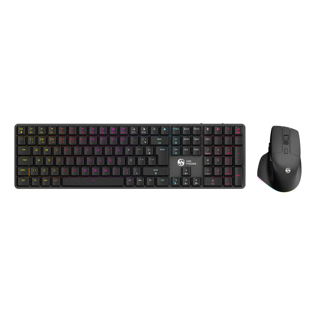 Kit Teclado E Mouse Sem Fio Bluetooth Switch Red Abnt2 Português Brasil Recarregável Fire Phoenix Bk-11 Preto