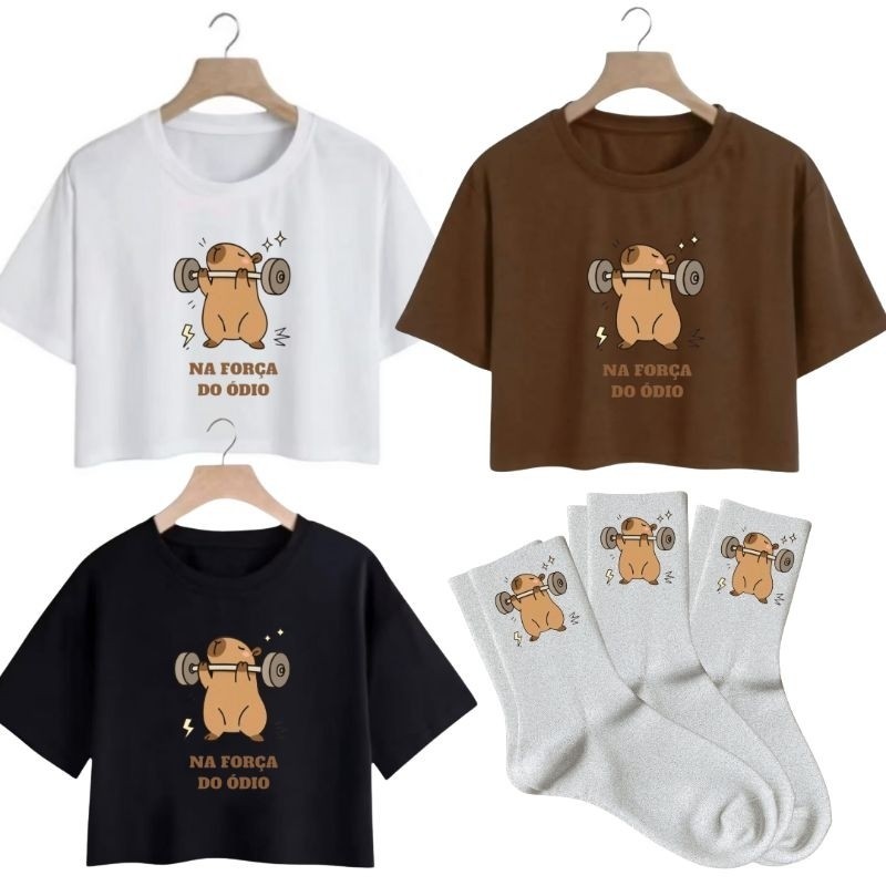 Kit 3 Croppeds Feminino + 3 Meias Capivara Estampadas Algodão Confortáveis Academia
