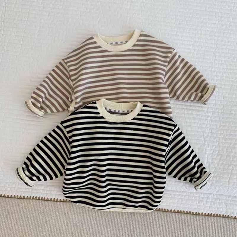 Primavera outono roupas versão coreana masculino feminino bebê listrado topos crianças All-Match solto camisetas moda cr