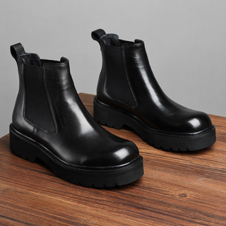 Camada superior de couro mais veludo sola grossa aumentada dedo do pé quadrado Chelsea botas de couro confortável Martin