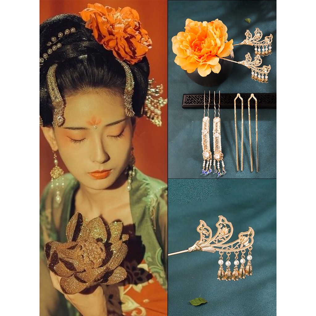 Hanfu estilo antigo cocar traje antigo acessórios de cabelo conjunto completo feito na dinastia canção borla passo agita