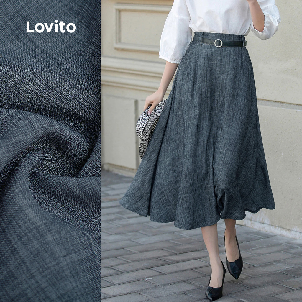 (Lovito x Ana) Saias Elegantes Plissadas com Zíper Primavera/verão Cinza Escuro Saias para Mulheres LBL35220