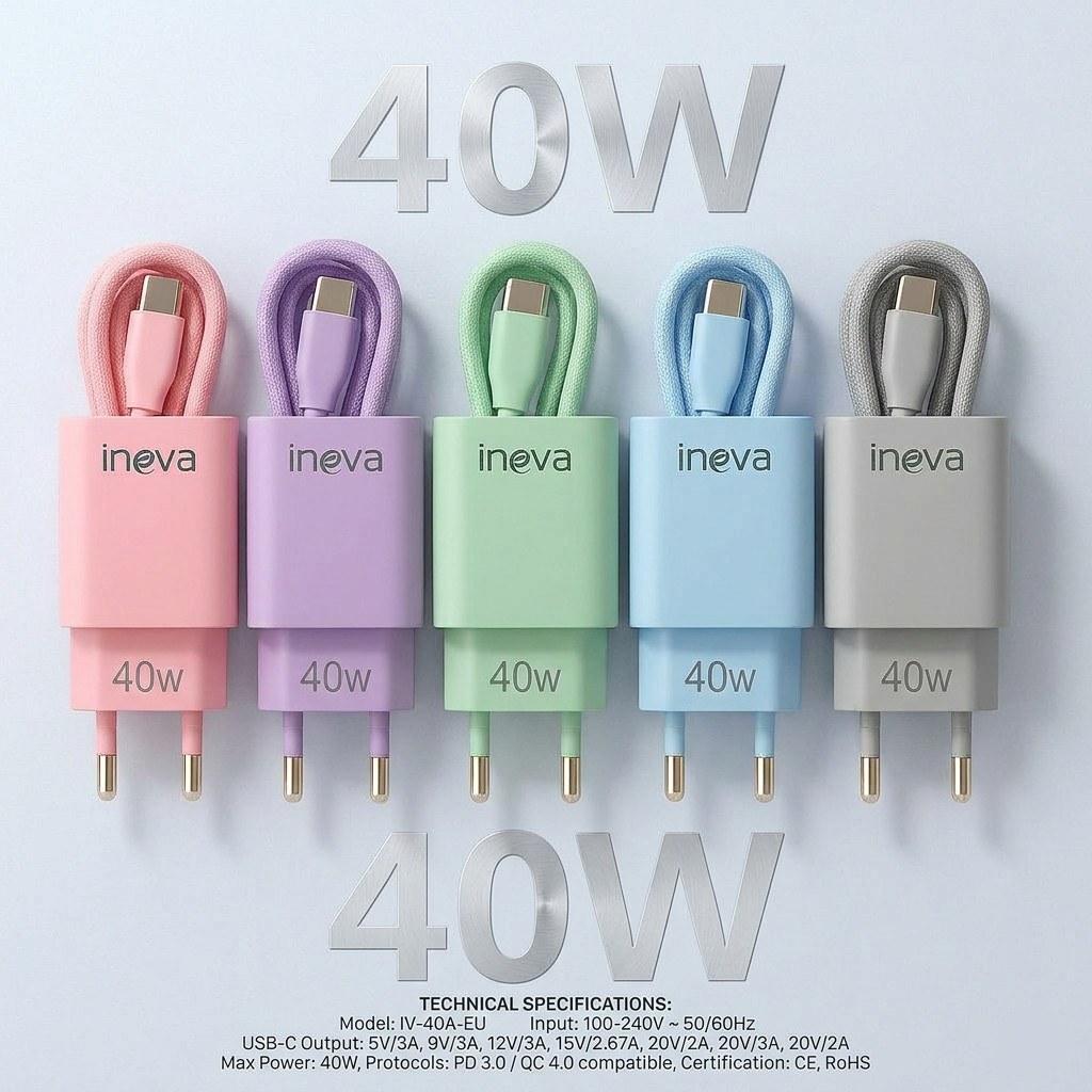 Carregador Rapido Tipo-C 2 Entradas 40W Original Rápido Inova USB e Chip Inteligente, Proteção Sobrecarga Colorido Anate