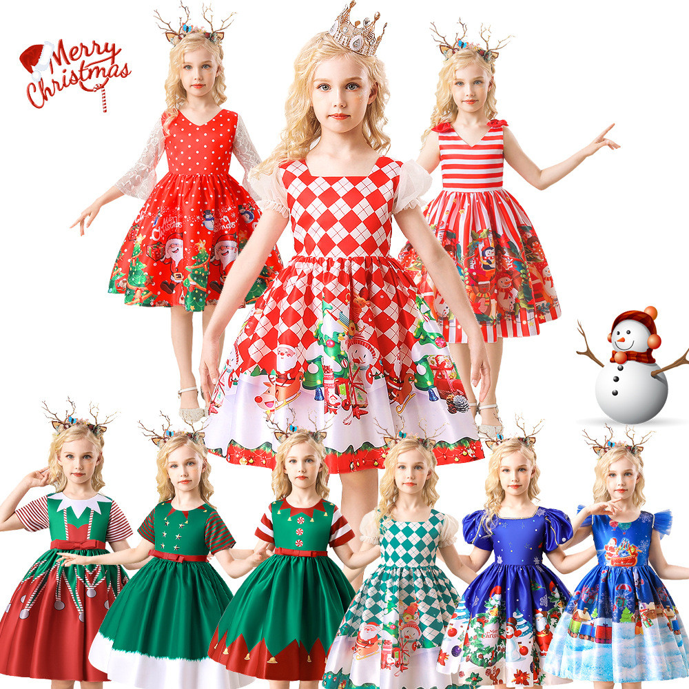 2026 europeu americano novo estilo natal traje das crianças vestido dos desenhos animados impresso cetim pano desempenho