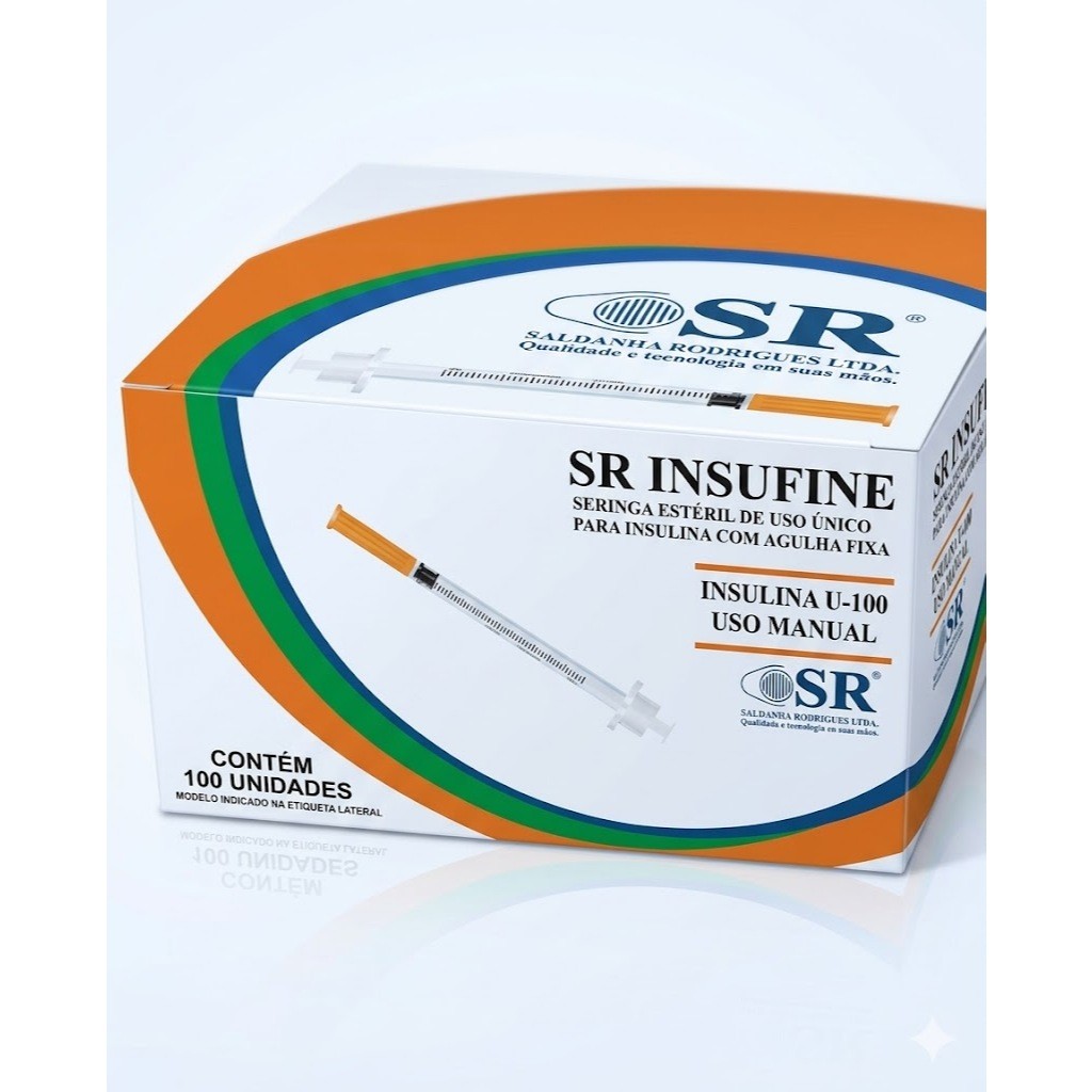 Caixa com 50 unidades de  Seringas de Insulina SR INSUFINE 0,5mL U-100 (Agulha Fixa 6mm) - Curta e Fina