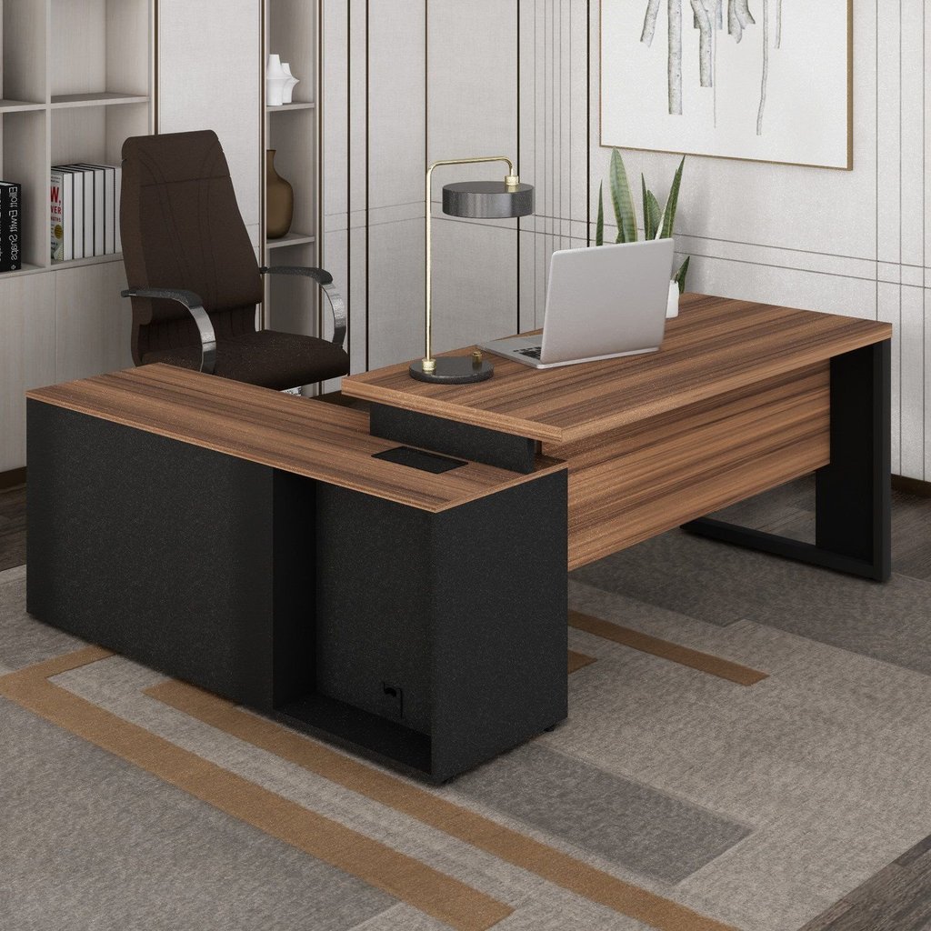 Escrivaninha Mesa de Escritório em L com Armário Lateral Pé Quadro 150cm Marrom e Preto Yescasa Preto Matte/Marrom