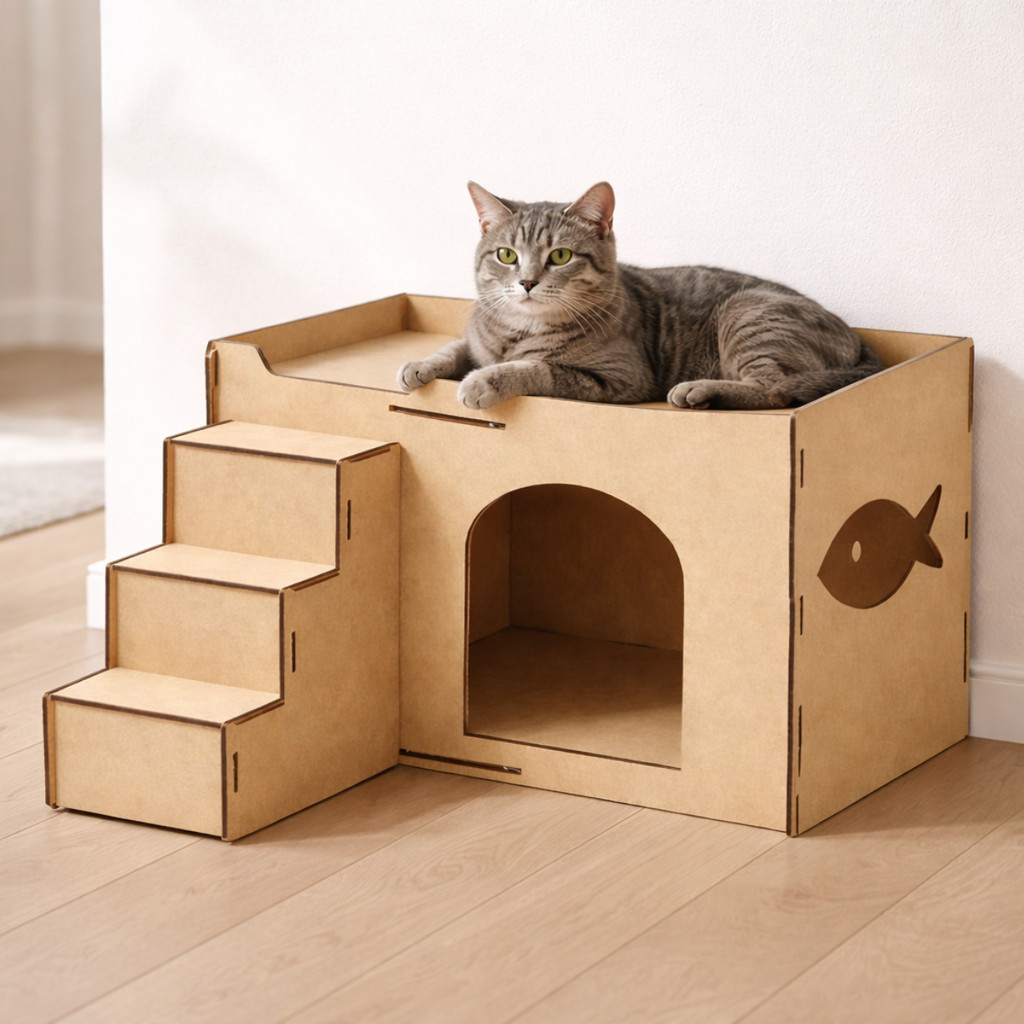 Casinha para Gato em MDF Cru com Escada Cama Toca Pet Estilo Casinha Cat