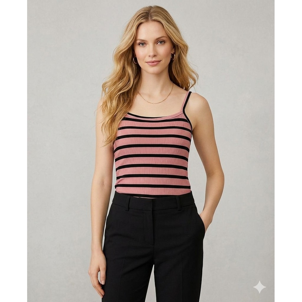 blusa feminina alça regata listrada preto rosa canelada conforto perfeita top elegante