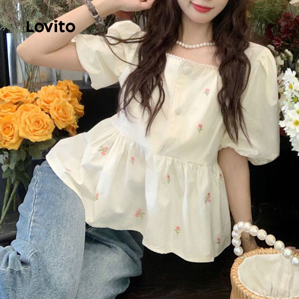 Lovito Férias Blusa Feminina Fofa Modelagem Solta Estampa Floral Miúda Botões Gola Babados E Mangas Bufantes L73AD004