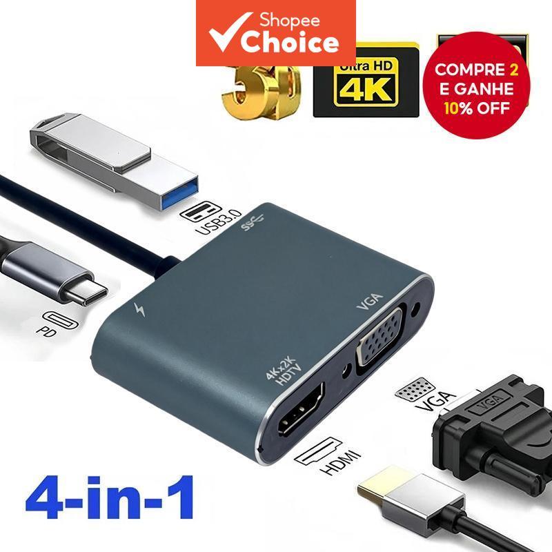 Hub USB-C 4-em-1 com HDMI 4K, VGA, Porta USB e Adaptador Digital AV para Carregamento de MacBook Compatibilidade
