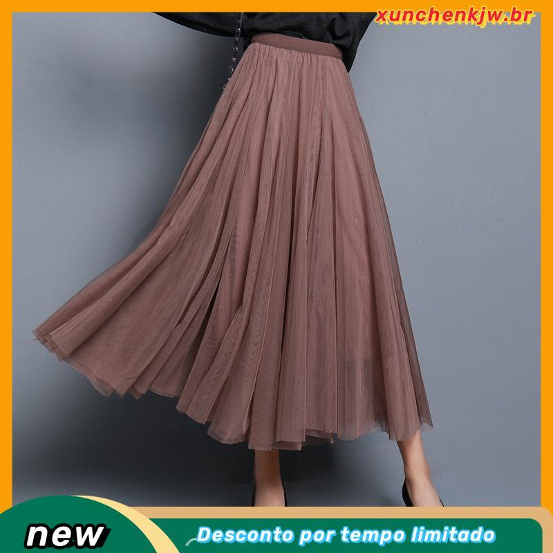 [3 Camadas] Saia De Malha Feminina Azul Cintura Alta Fina Elástica De Verão Em Linha A casual Plissada maxi Roupas Femi