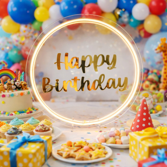 Placa led neon, luminaria, Aniversario, Happy birthday, acrílico dourado, Redondo 30cm, com base de mesa