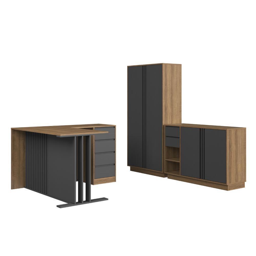 Conjunto de Escritório 3 Peças Mesa L, Armário Alto e Balcão CM5020 Cor Mel/Grafite - FAEMA Móveis