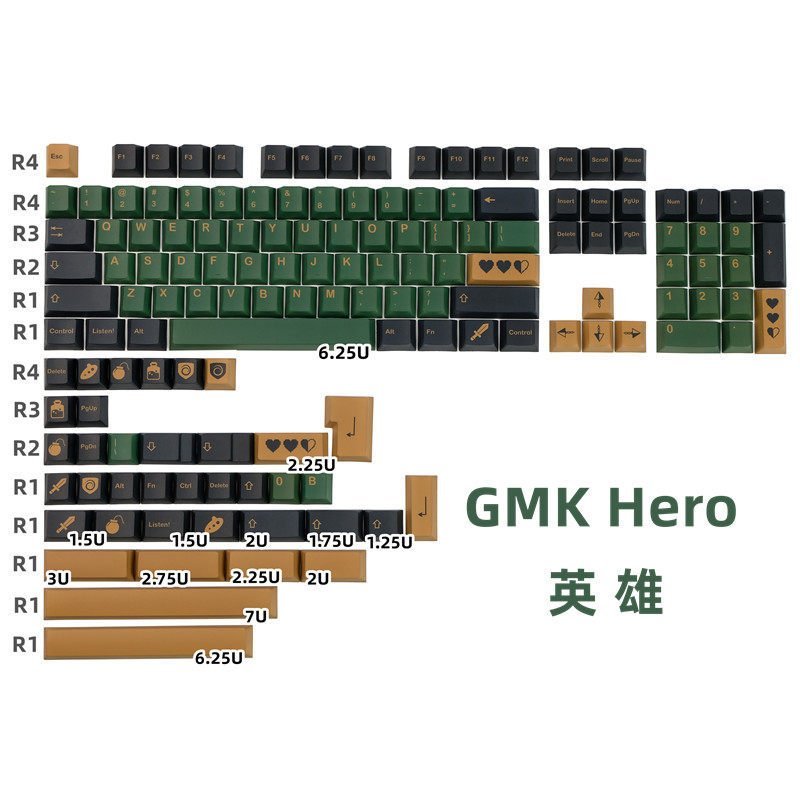 Teclas GMK Hero Heroic PBT Sublimadas para Teclado Mecânico, Teclas Originais de Fábrica, Estilo Retro, Conjunto Complet