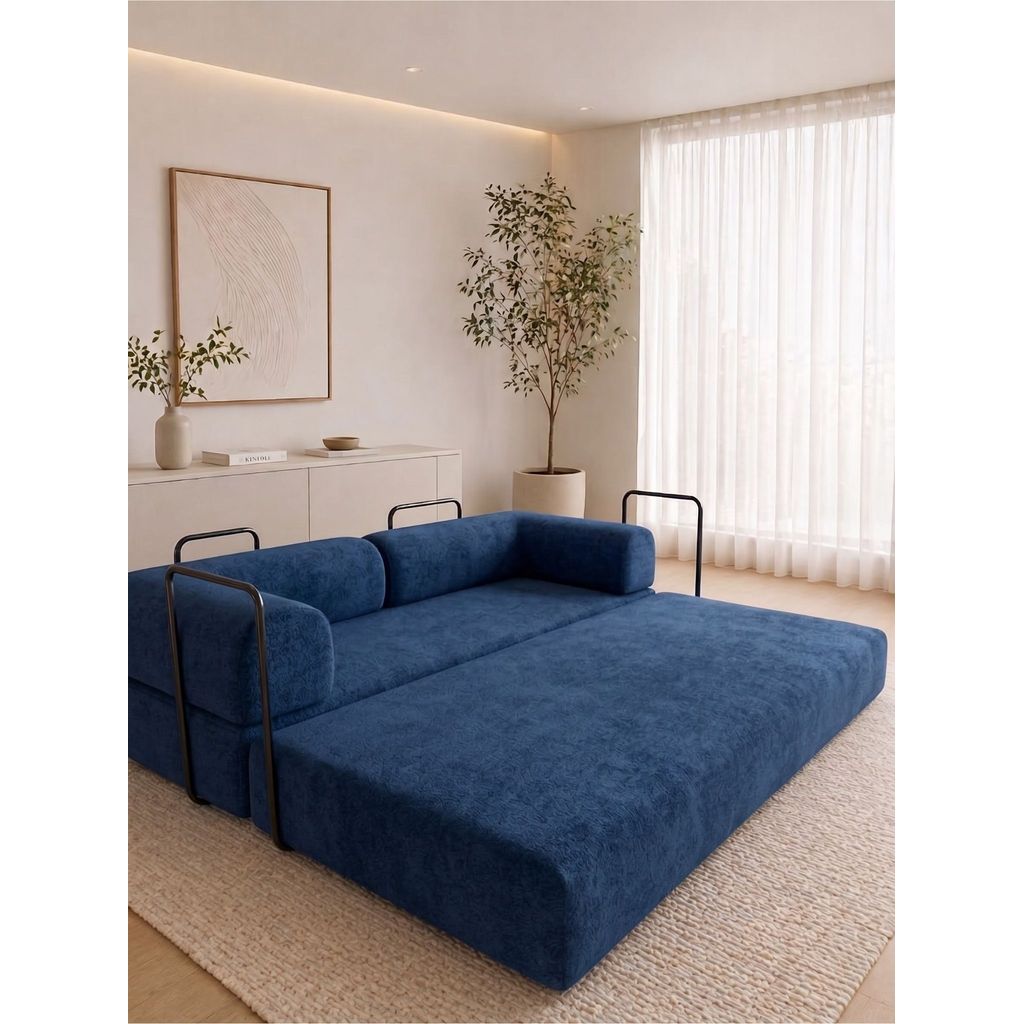 Sofá Cama Slim Confortse Sofá na Caixa Moderno Veludo Soft Azul  2 em 1
