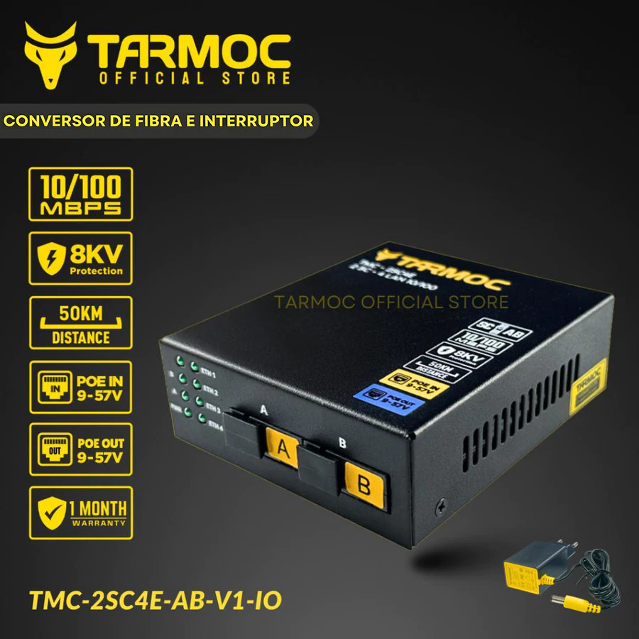 Tarmoc TMC-2SC4E-AB-V1-IO Conversor de Mídia Fibra Óptica Switch 2 SC 4 LAN / 2 FO 4 LAN 10/100 POE OUT 9-57 Volts