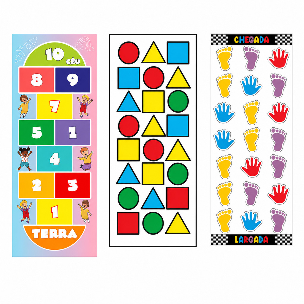 Tapete Infantil Educativo Kit 3 Peças Amarelinha Formas Mãos E Pés Antiderrapant