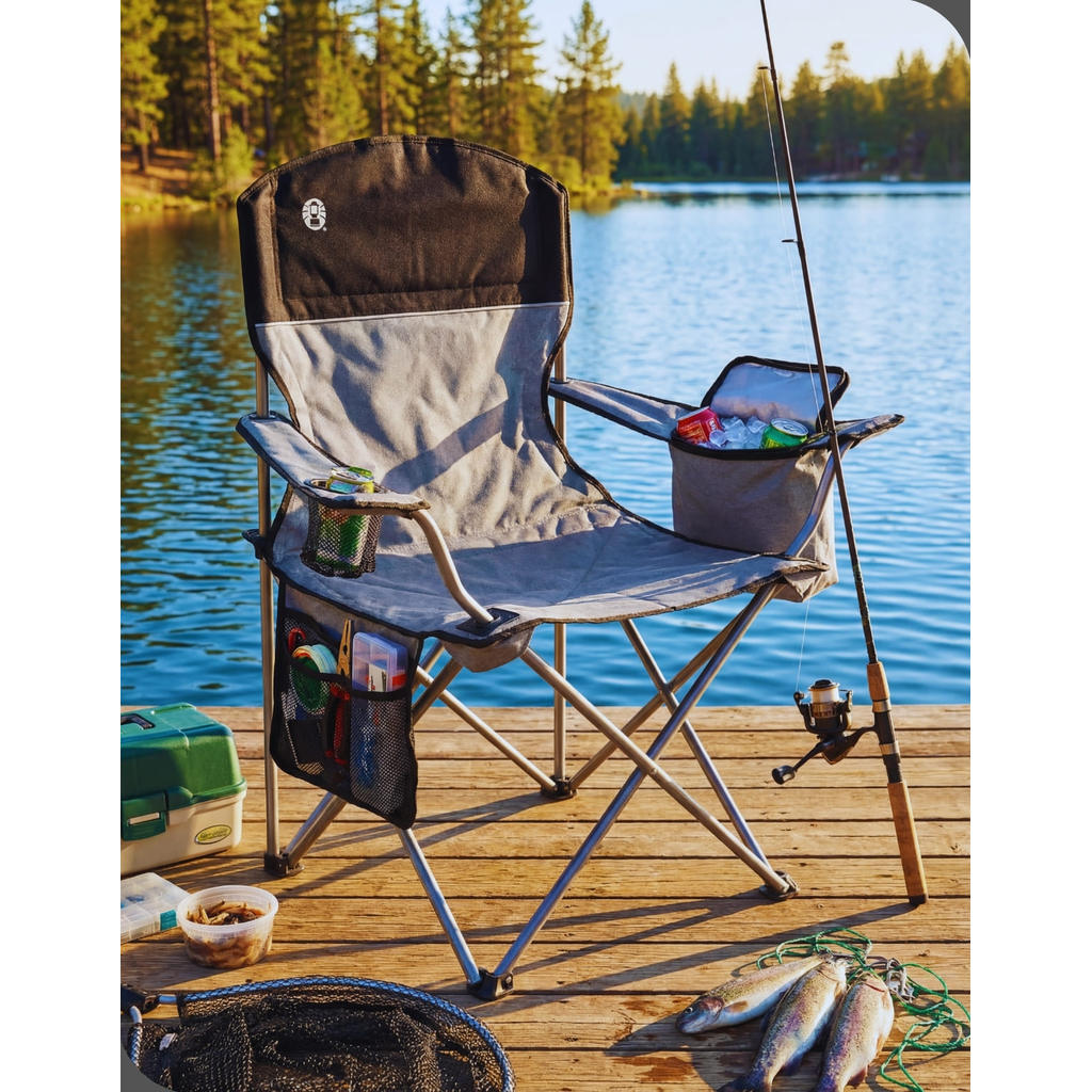 Cadeira Dobrável Cinza Cooler Bolso Lateral Porta-Copos Praia Churrasco Camping Portátil Coleman