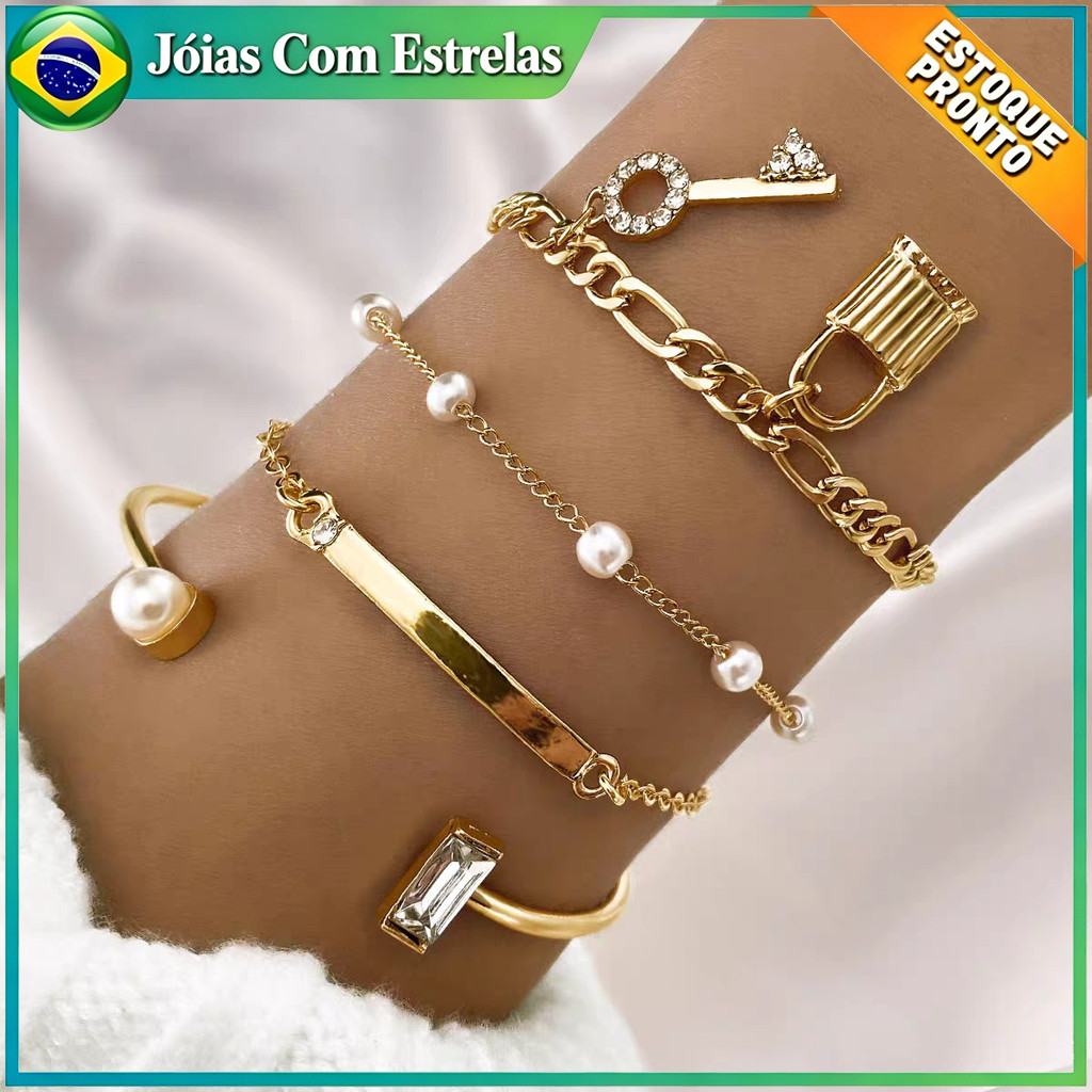 4 Pçs Conjunto Pulseira Banhada A Ouro Criativa Fechadura e Chave Pulseira Vintage Joias Feminino