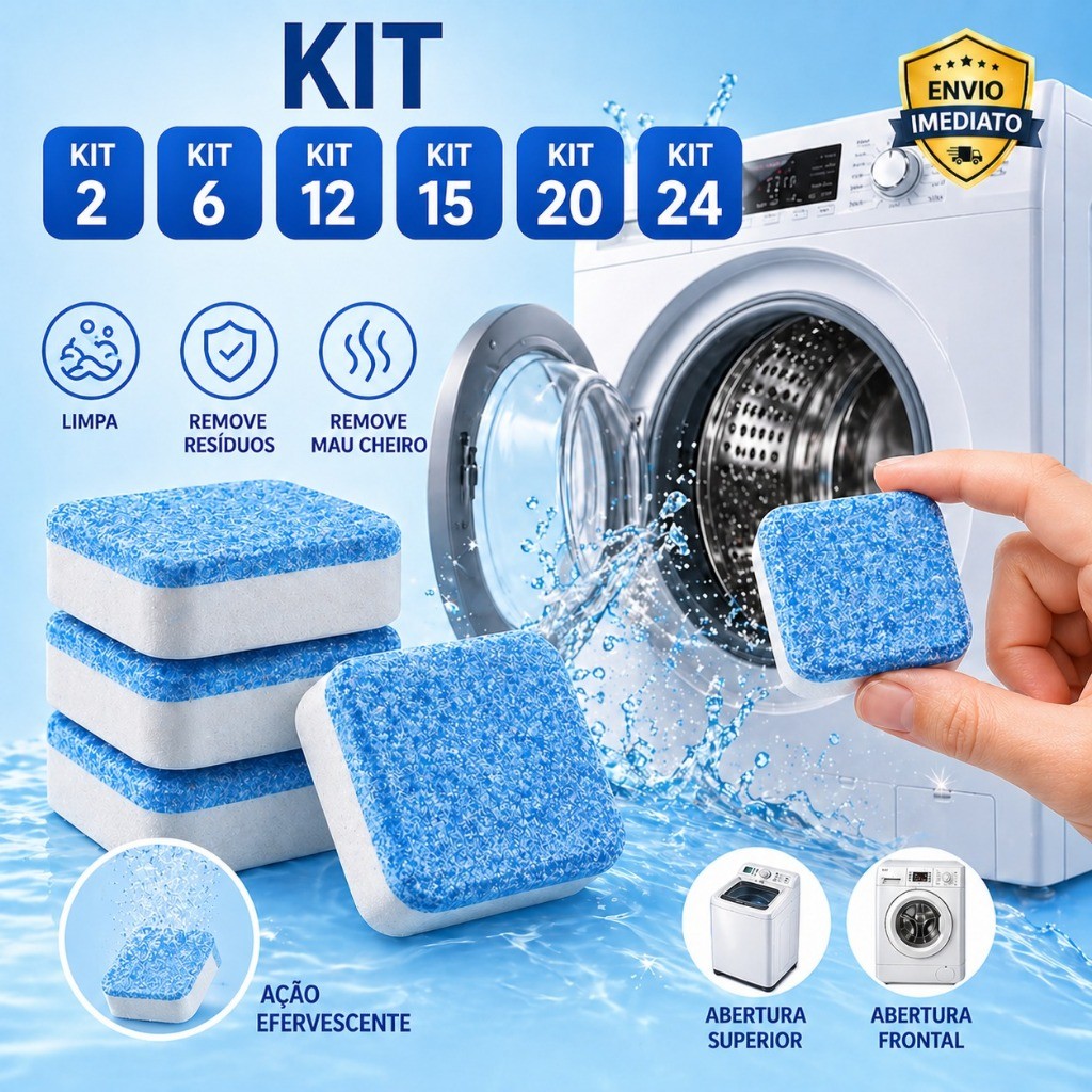 Kit Pastilhas Efervescentes Limpa Máquina de Lavar Roupa Remove Mau Cheiro e Resíduos Higienizador Multifuncional
