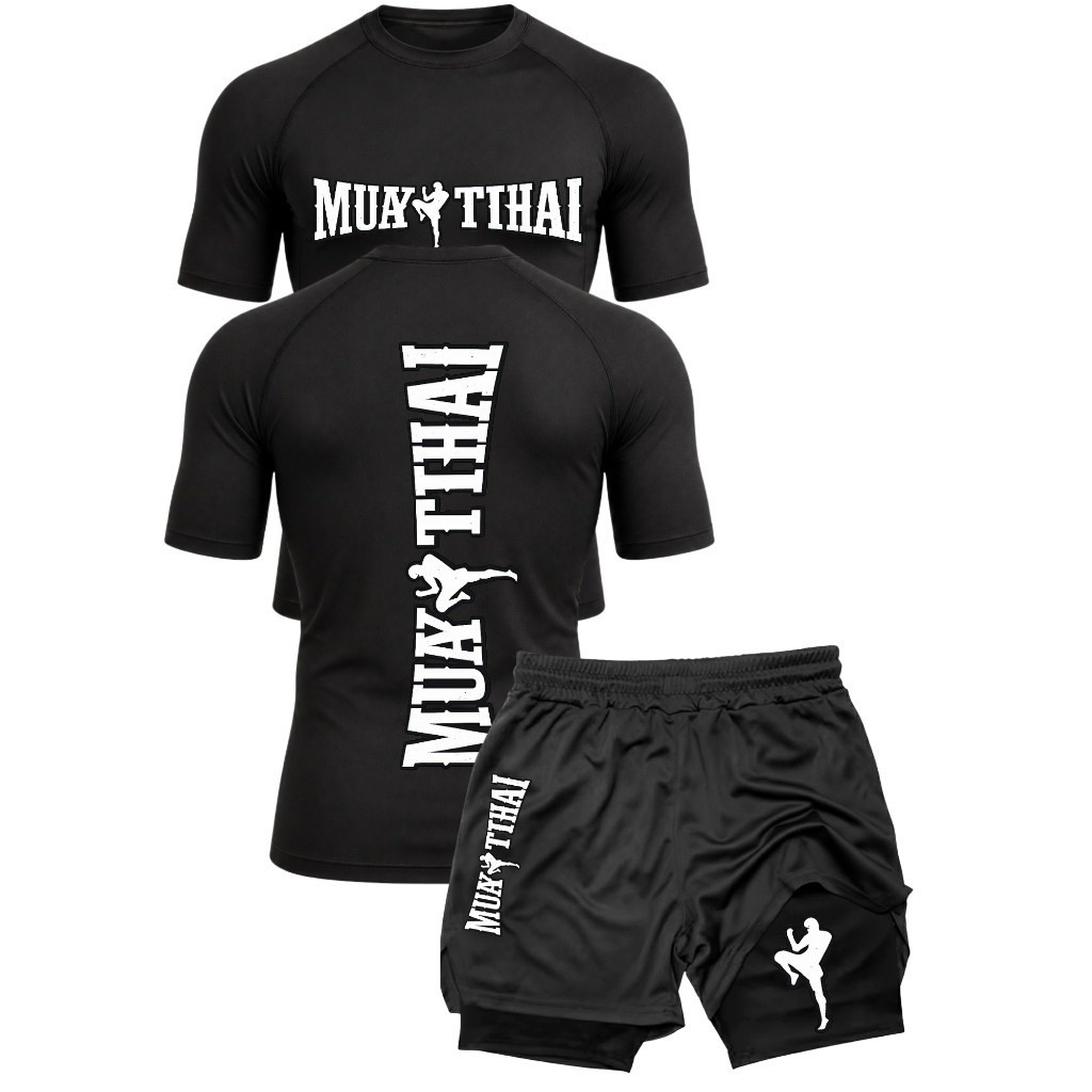 Kit Muay Thay Camiseta Rash Guard Dry Fit + Short 2 em 1 Compressão