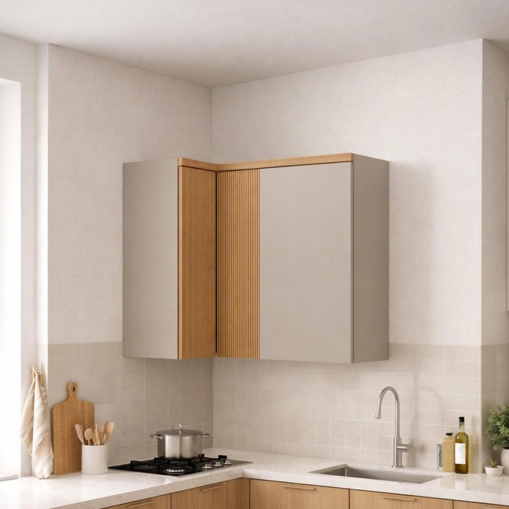 Imagem Armário Aéreo Decorativo 3 Portas Solari MDF 93cm Dobradiças Amortecimento Jequitibá/Gris Fosco G77