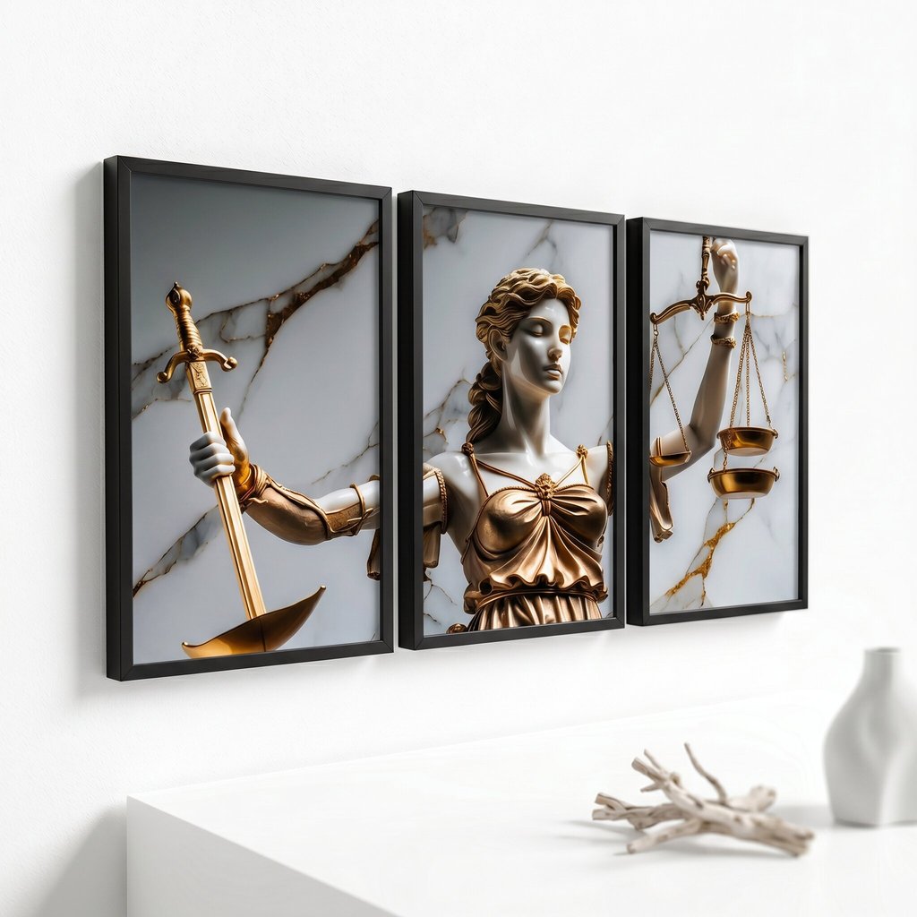 Quadro Decorativo Deusa da Justiça Mármore Dourado Sala Hall Escritório Consultório Direito Advocacia Profissional