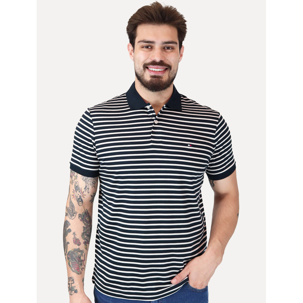 Polo Tommy Hilfiger Masculina Malha Liquid Cotton Regular Fit Listrada Azul Marinho Off White